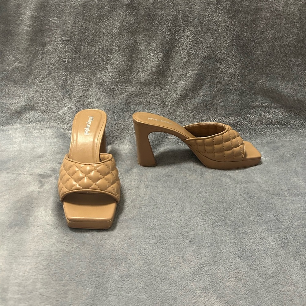 Women’s jeffrey campbell brown tan quilted chunky block mules high heels 9